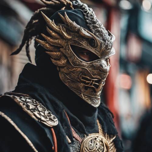 Un ninja feroz adornado con un motivo de dragón en su máscara, al mando del fuego. Fondo de pantalla [d258eb1904694f2e9651]