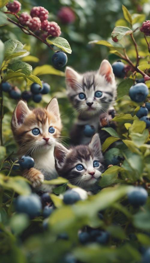 A group of kittens of various colors frolicking in a blueberry bush.