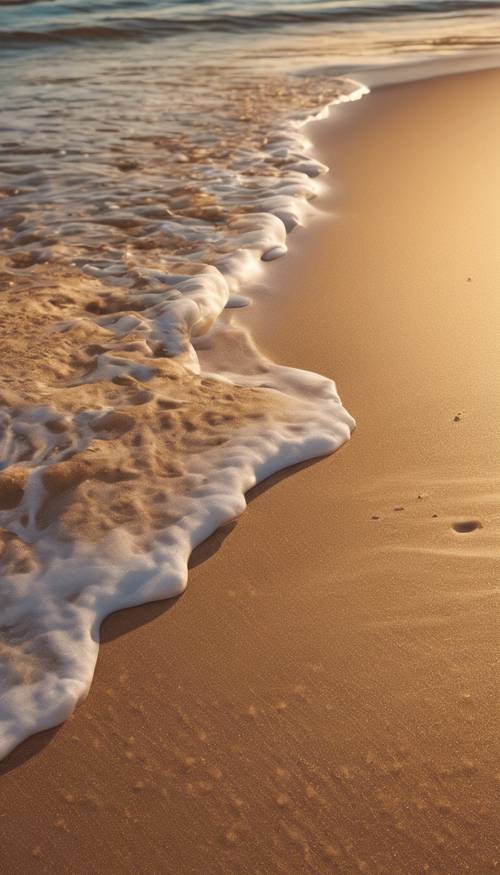 Детальный крупный план крошечной волны, мягко плещущейся о золотой песок на закате. Обои [612079a9816b4ec49926]
