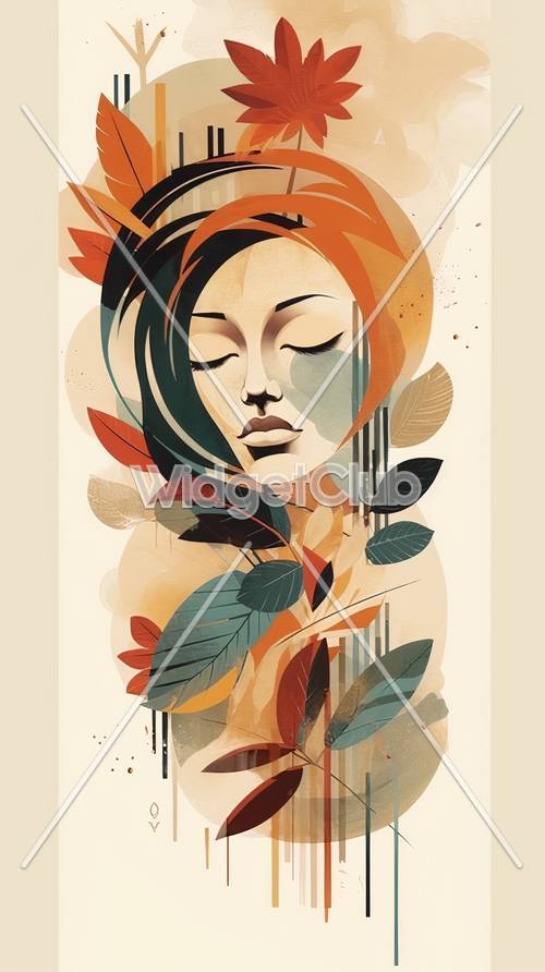 色鮮やかな抽象アートの女性と葉っぱの壁紙
