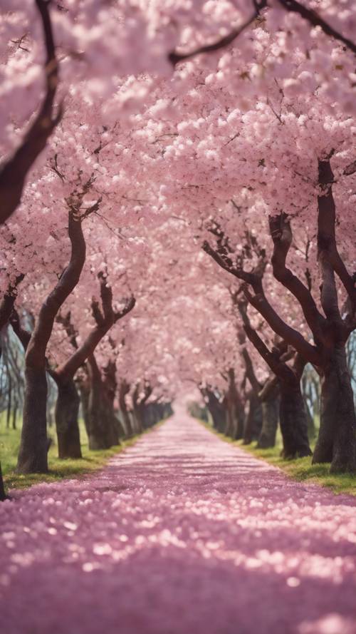 Живописный вид на тропу, вдоль которой растут цветущие вишневые деревья.