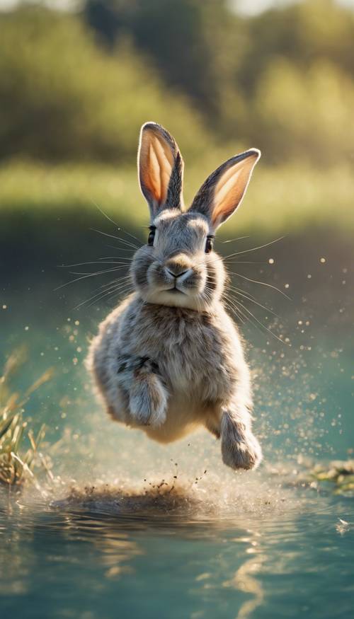 Um coelho malhado, no meio de um salto alegre, contra uma paisagem gramada, paralela a um lago azul claro.