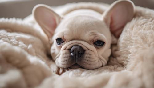 Ein hellbeiger französischer Bulldoggenwelpe, der entzückend auf einem Plüschkissen schläft