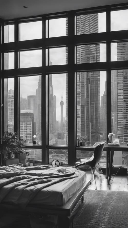 A minimalist black and white bedroom featuring a cozy reading nook with a view of skyscrapers.