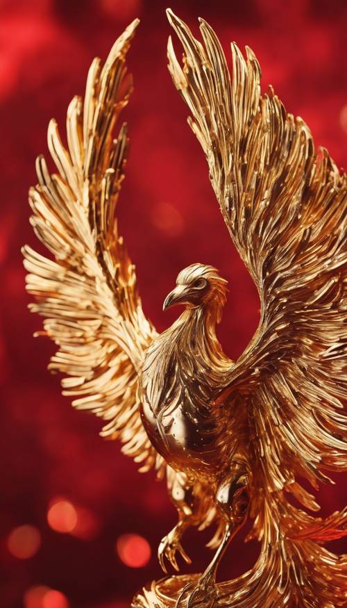A golden phoenix arising in a red abstract background.