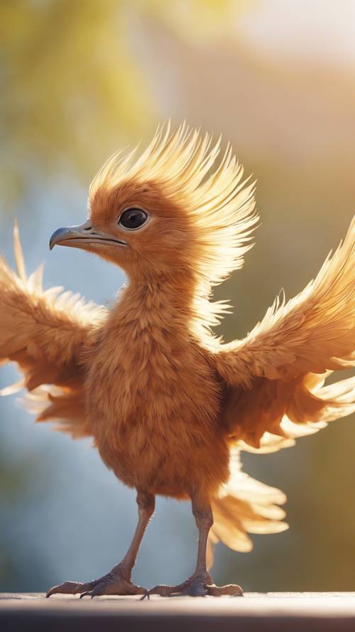 Seekor bayi burung phoenix yang bahagia, baru belajar terbang, tertangkap dengan latar belakang langit biru cerah.