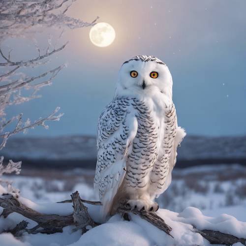 بومة ثلجية ذات عيون واسعة ويقظة تجلس على فرع جليدي في شتاء التندرا، تحت ليلة اكتمال القمر.