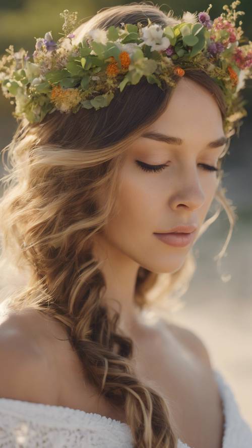 Una corona ecológica hecha de enredaderas entrelazadas y vibrantes flores silvestres, que adorna el cabello de una novia boho-chic en una boda en la playa.