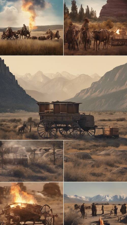 Western collage filled with elements such as a chuck wagon at a campfire, Indians hunting buffalos, and a railway traversing the Rocky Mountains.