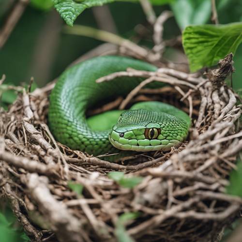 A small green snake curled up sleeping in a bird's nest in a tree