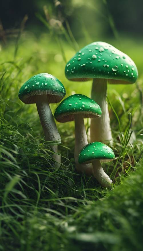 Trzy zielone grzyby różnej wielkości, położone w bujnej trawie.