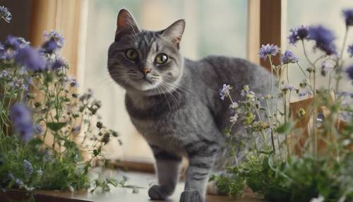 いたずら好きなグレーのストライプ猫が野花が入った花瓶を倒している壁紙