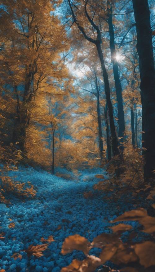 Uma vista encantadora de uma densa floresta azul durante o outono com folhas de vários tons de azul caindo suavemente. Papel de parede [c13f1b42f5e8446cbac3]