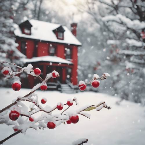 A snowy, winter scene showcased in a vintage holiday postcard with bright red holly berries and a Victorian house.
