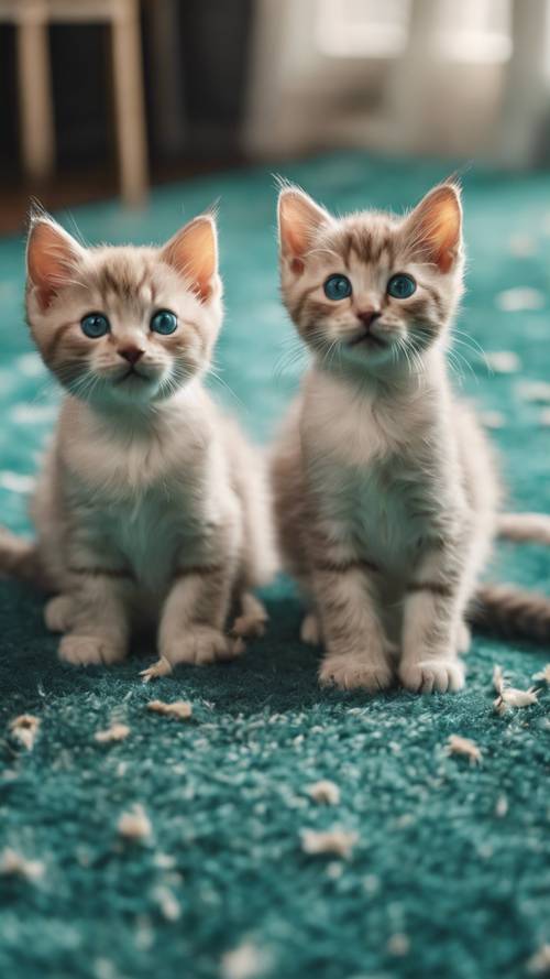 Three kittens playing happily on a vast, teal carpet-covered plain.