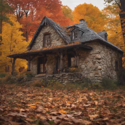 Uma antiga casa rústica de pedra em meio a uma floresta de folhagens de outono.