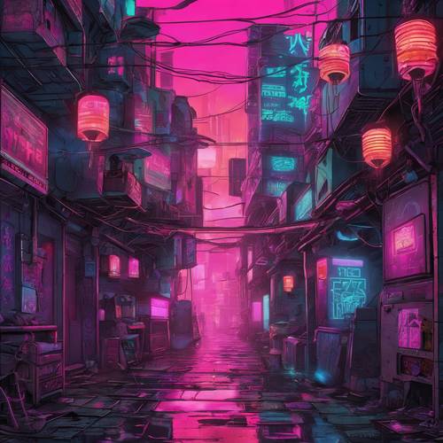 A gloomy cyberpunk alleyway, stickers and banners, teeming with coded messages, glowing under dimly-lit lanterns. Tapeta [b15d433ced164194b333]