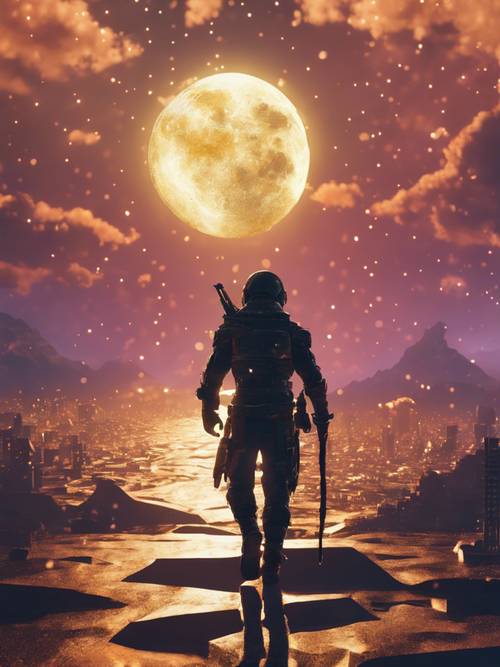 A popular gaming character ascending towards the golden moon in the pixelated sky.