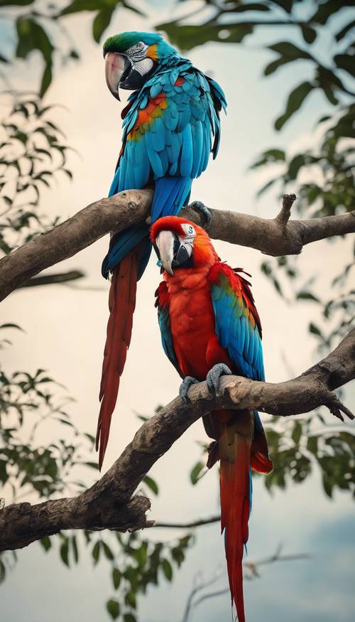 Two macaws, one with vibrant red feathers and the other with bright blue feathers perched on a tree branch".