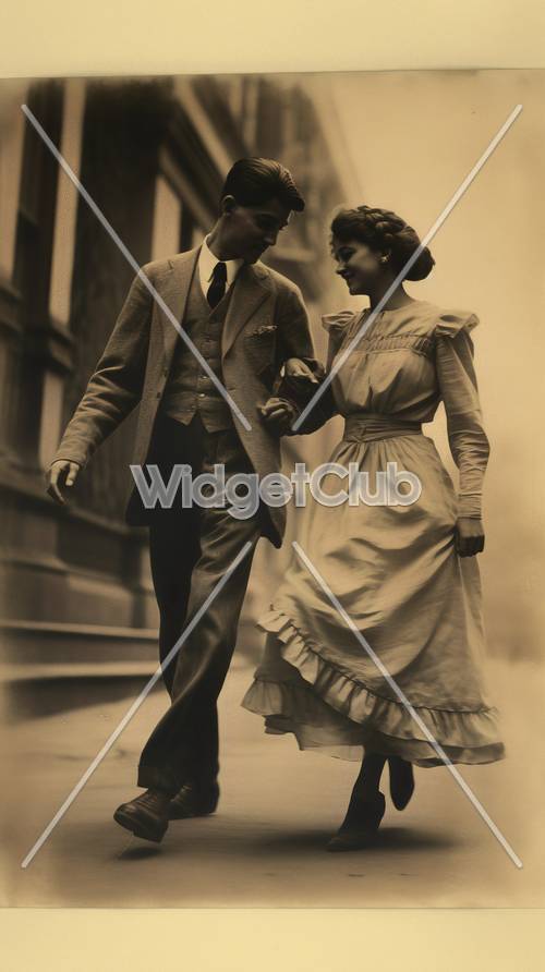 Charming Vintage Couple Walking Through City