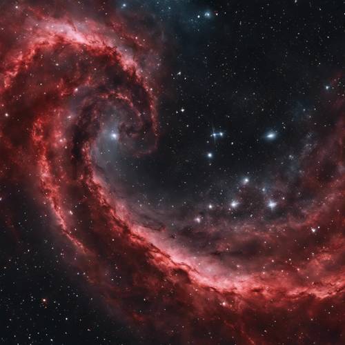 A swirling red and black galaxy with millions of twinkling stars and nebulae