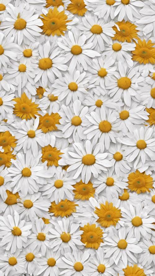 Un motivo floreale minimalista con margherite stilizzate su sfondo bianco.