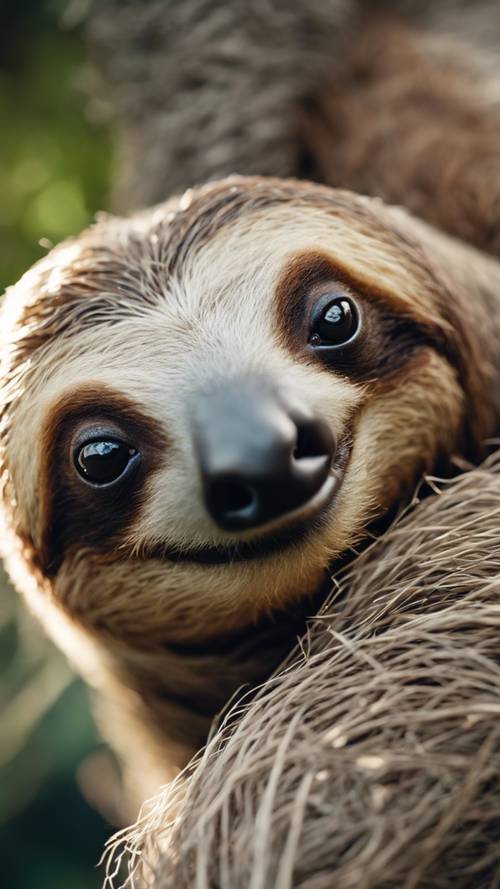 A highly zoomed image of a sloth’s face expressing surprise.