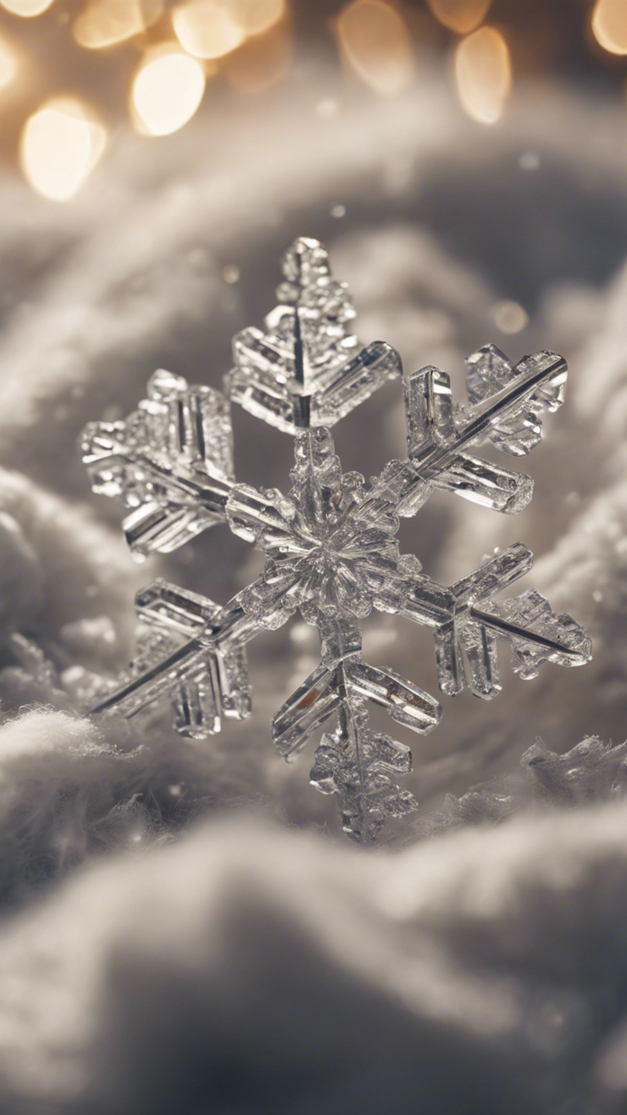 “A close-up of a snowflake lying on a woolen blanket, showcasing its unique and aesthetic crystal pattern.” Divar kağızı[861aaeb8969a4adbad4c]