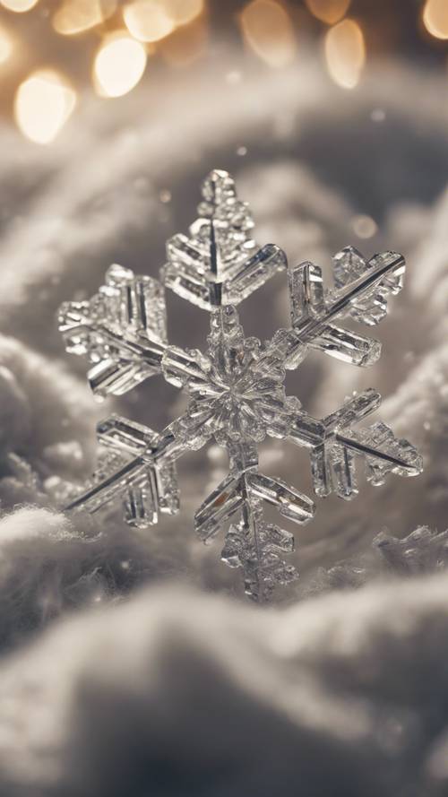 “A close-up of a snowflake lying on a woolen blanket, showcasing its unique and aesthetic crystal pattern.”