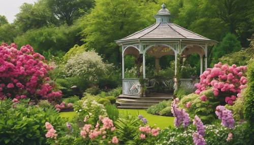 A garden gazebo nestled among vibrant spring blooms with lush green foliage in the backdrop. Tapeta [956b44ef2cb541458466]
