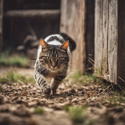 Gambar pedesaan kuno tentang kucing peternakan yang mengejar tikus di gudang.