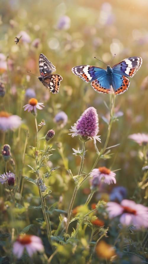 色とりどりの蝶々が咲き乱れる野の花畑を飛び交う壁紙