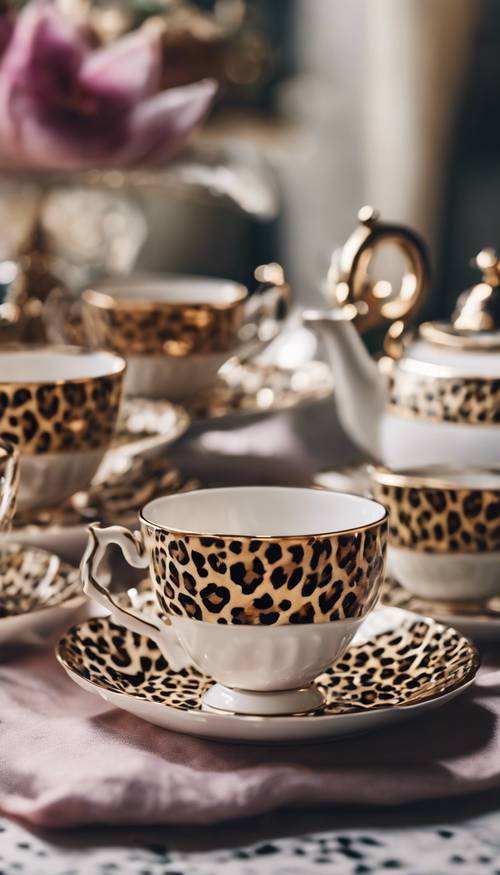 Un ambiente elegante para la merienda inglesa con un toque salvaje a través de sus tazas y platillos con estampado de leopardo.