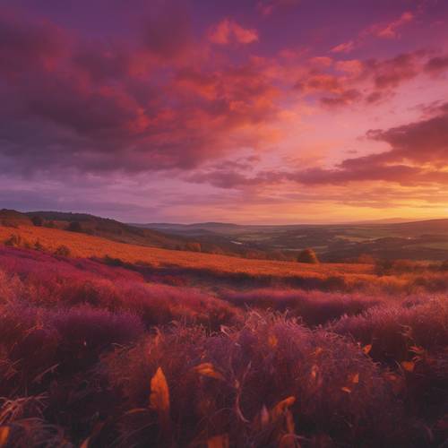 Un paisaje celta durante una puesta de sol de otoño con tonos de oro ardiente, carmesí vibrante y lavanda suave coloreando el cielo.