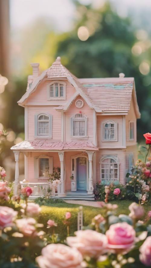A vintage wooden dollhouse, painted with soft, pastel rainbow colors and surrounded by a beautiful, blooming rose garden.