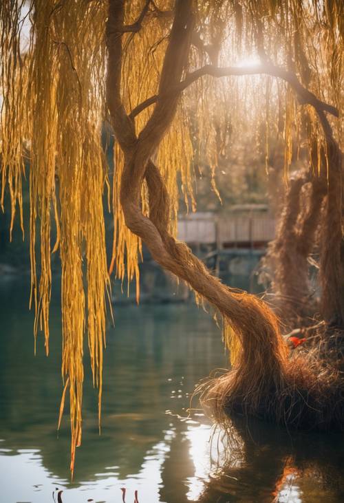 炎の鯉が泳ぐ静かな池のそばに魔法のような見た目の枝垂れ柳がある壁紙