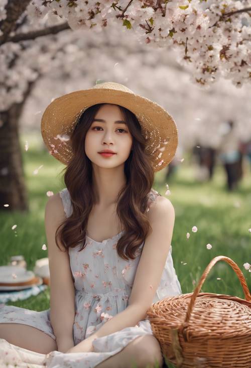 Uma garota alegre usando um chapéu de palha, sentada em um campo de piquenique com flores de cerejeira caindo.