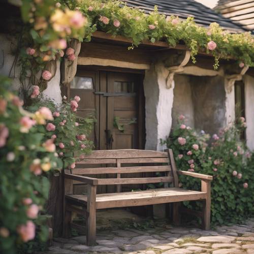 A rustic wooden bench by the front door of a tiny vintage cottage with flowering vines crawling up its walls.