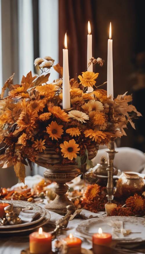 A still life of a fall-themed centerpiece with candles, chrysanthemums, and golden autumn leaves. Тапет [7d466af3d44c4879a0b3]