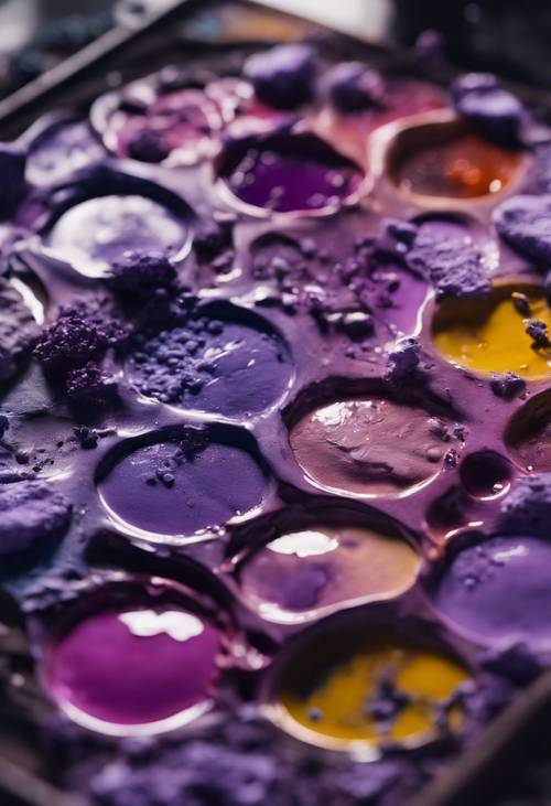 A painter's palette smeared with various shades of purple and lavender oils ready for the creator's touch. Tapet [e68c662a856d49ff8407]