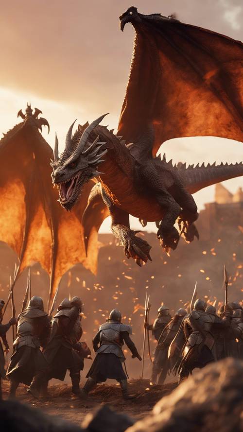סצנת קרב אפית מימי הביניים ממשחק וידאו פנטזיה עם דרקונים עפים בשמים הכתומים.
