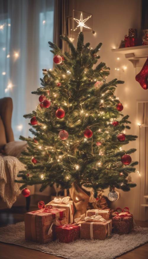 Un piccolo e accogliente albero di Natale decorato con luci scintillanti e ornamenti fatti in casa in un soggiorno ben illuminato.