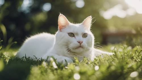 Ein friedliches Bild einer weißen Katze, die sich genüsslich auf einem grünen Rasen ausstreckt und einen perfekten Sommernachmittag vertrödelt.