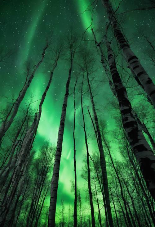 Zielona zorza polarna tańcząca na nocnym niebie z sylwetkami wysokich srebrnych brzoz.
