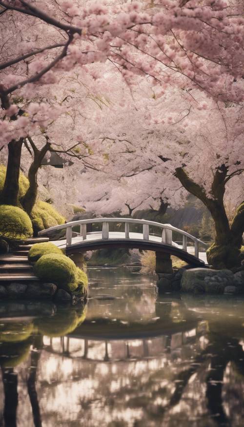 A tranquil Japanese garden with numerous cherry blossom trees flowering in spring.