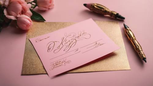 Kartu pos berwarna merah muda bergaya vintage dengan tulisan tangan melengkung emas yang elegan.