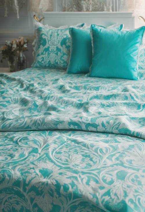 햇볕이 잘 드는 통풍이 잘 되는 침실에 우아한 청록색 다마스크 인쇄 침대보를 놓았습니다.