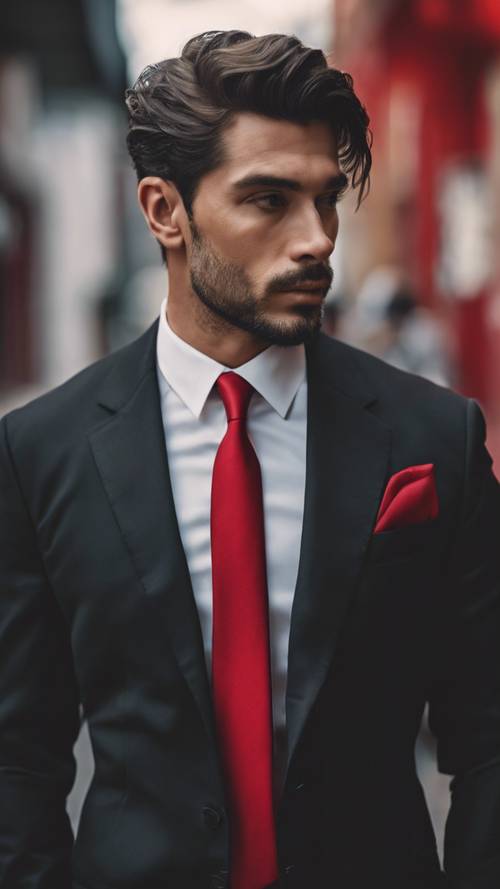 ภาพระยะใกล้ของชายหนุ่มรูปงามสวมชุดสูทสีดำหรูหราพร้อมเนคไทสีแดงสด