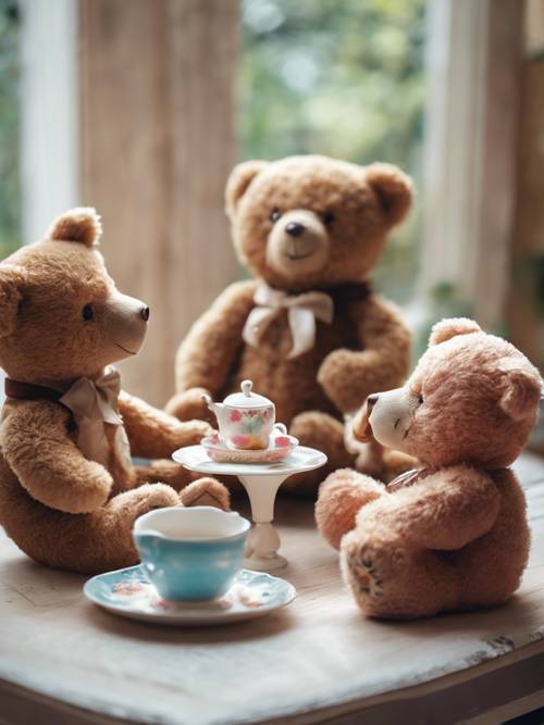 Eine Gruppe Teddybären veranstaltet eine lustige Teeparty in einem Kinderzimmer.