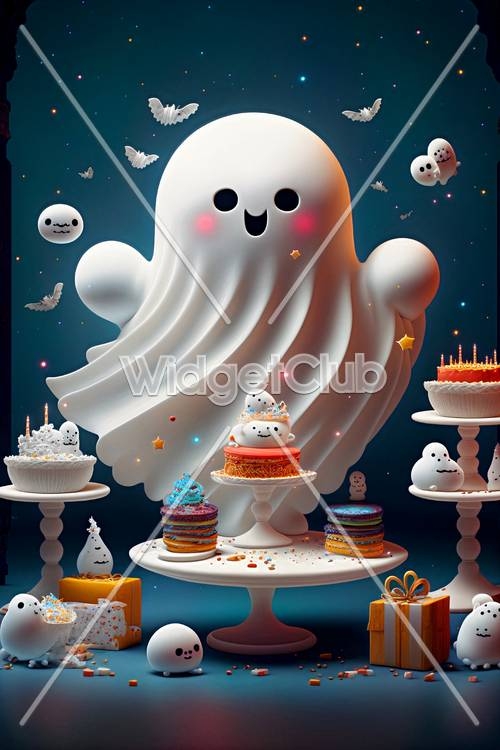 Friendly Ghosts and Sweet Treats in a Magical Night Sky Wallpaper[348047d691774f4d88e2]